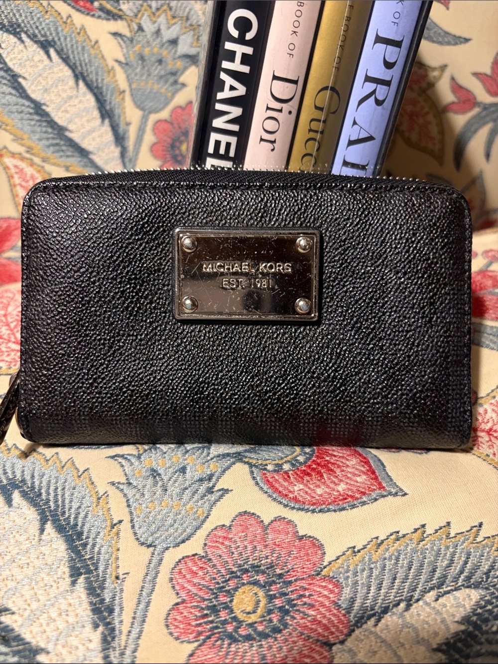 Michael Kors Black Saffiano Zip-Around Wallet with Metal Logo Plaque